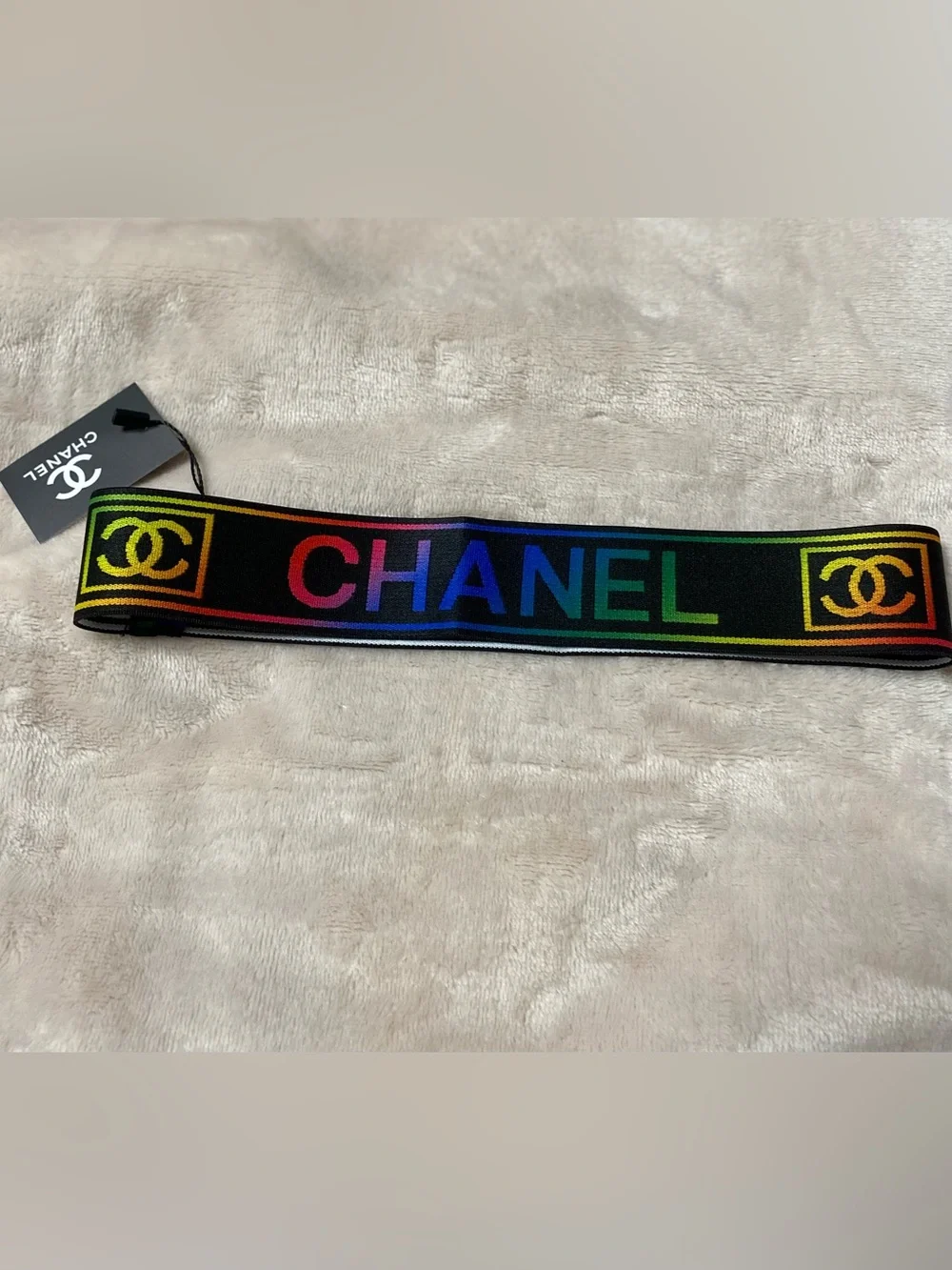 ChaneI Black with Multi-Color Stretch Logo Spellout-Out Headband